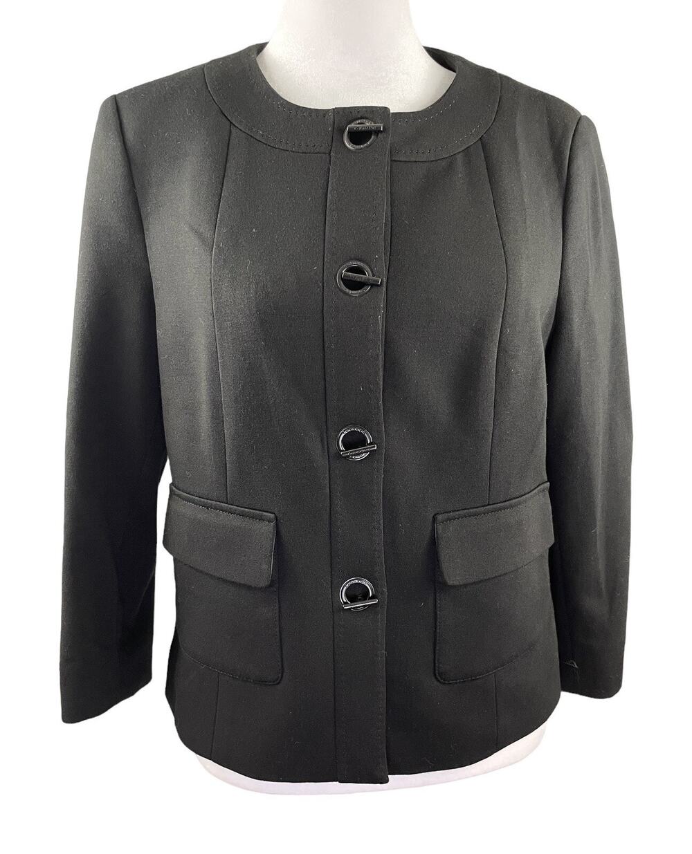 Calvin Klein 10P Jacket Blazer Toggle Closure Black Lined 3/4 Sleeve Pockets